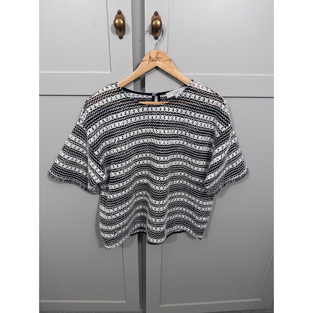 LOFT Womens Large Black White Striped Textured Knit Fringe Short Sleeve Blouse